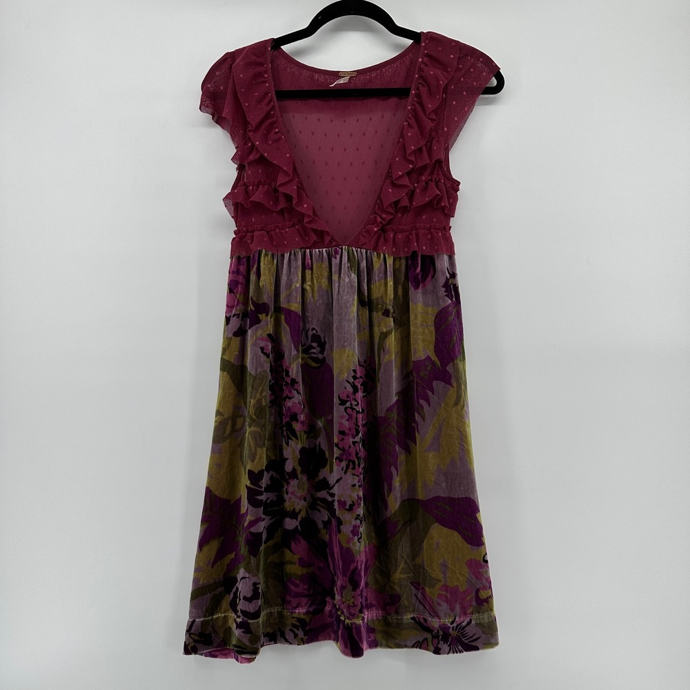 Free People Velvet Burnout Floral Ruffle Mini Dress Burgundy Purple Small